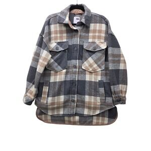 SO Goods For Life Womens Plaid Shacket Grey Tan Button Front Flannel Jacket M